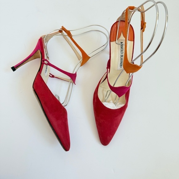 Manolo Blahnik Vintage Red Pink Orange color block pattern ankle strap pumps 38
